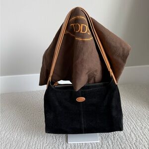 Tods suede hobo bag black brown leather